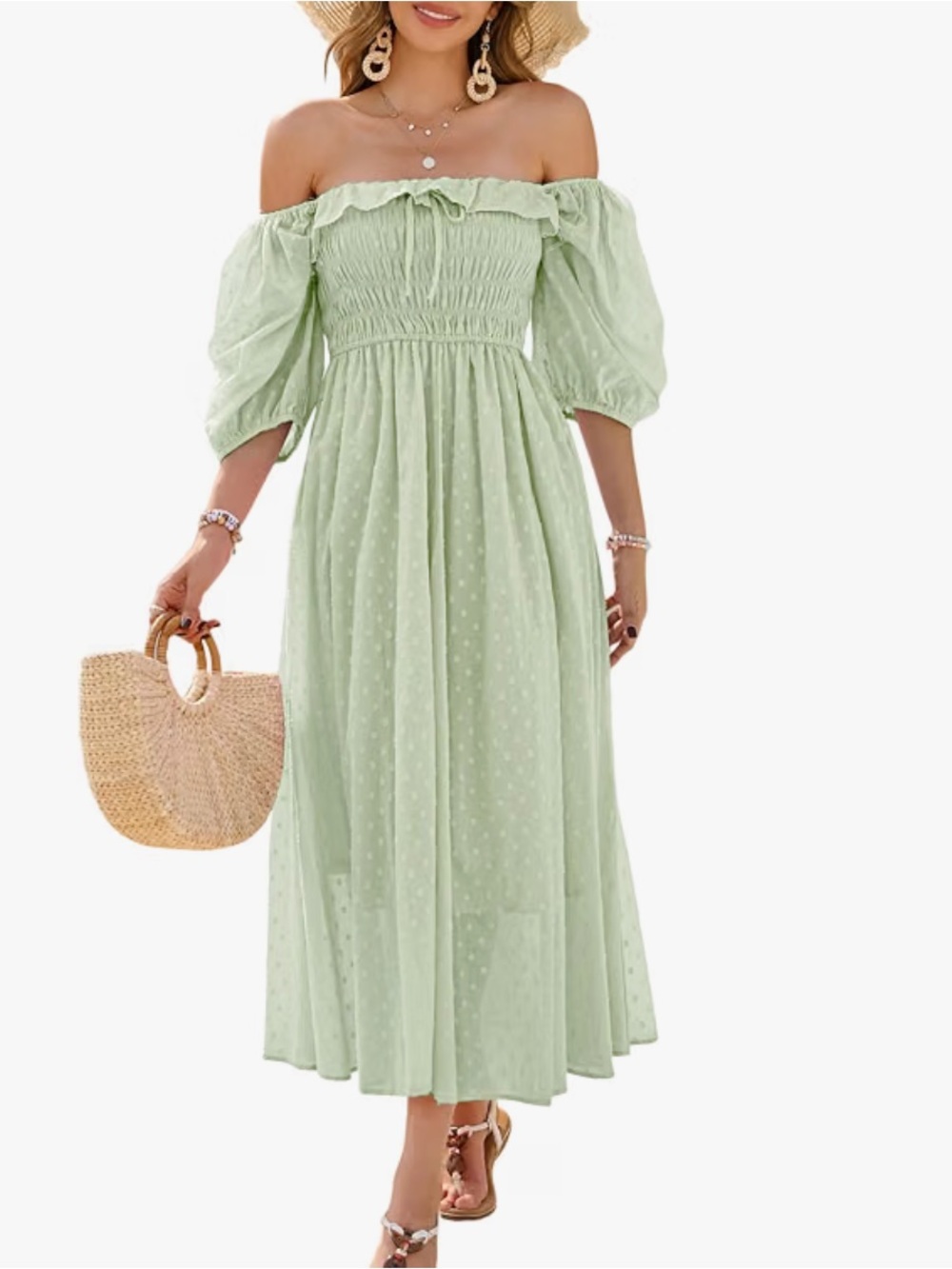 Amazon Light Green Puff-Sleeve Maxi Dress